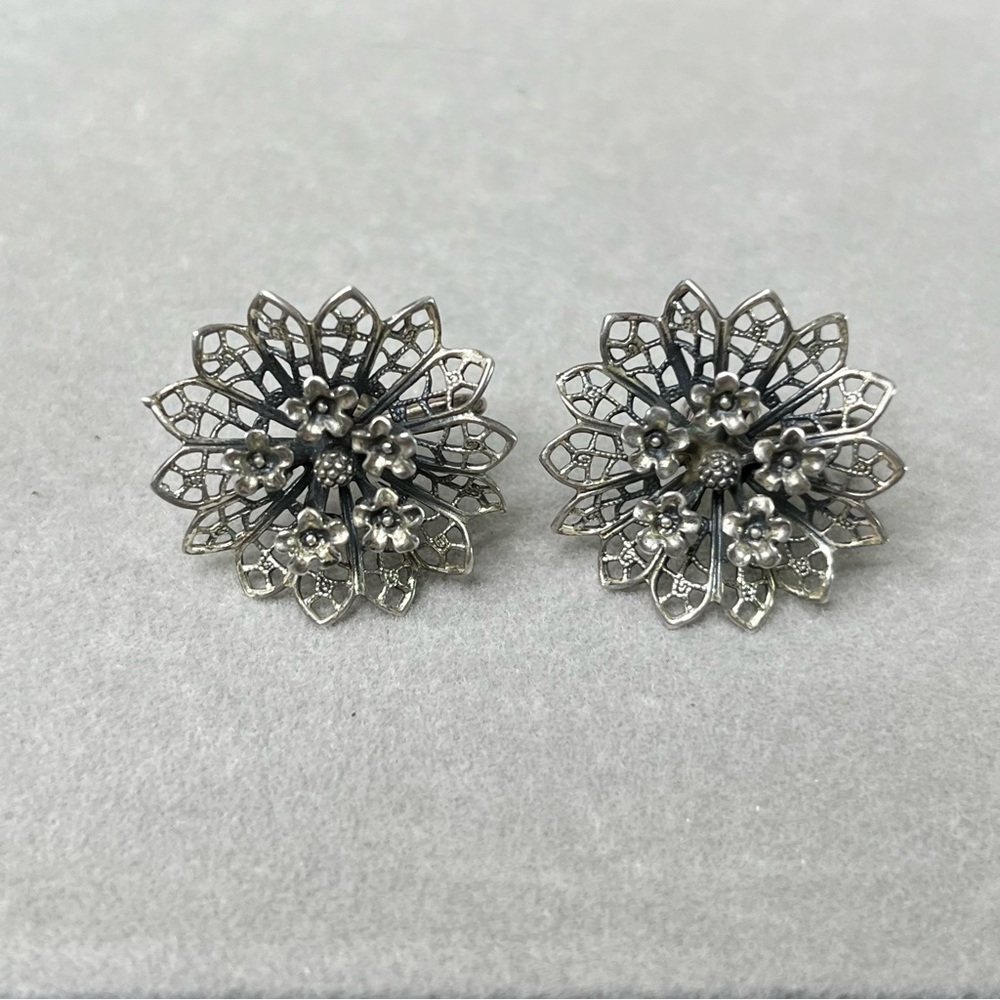 Vintage Sterling Silver Floral Screwback Earrings 7.95g 2.5cm
